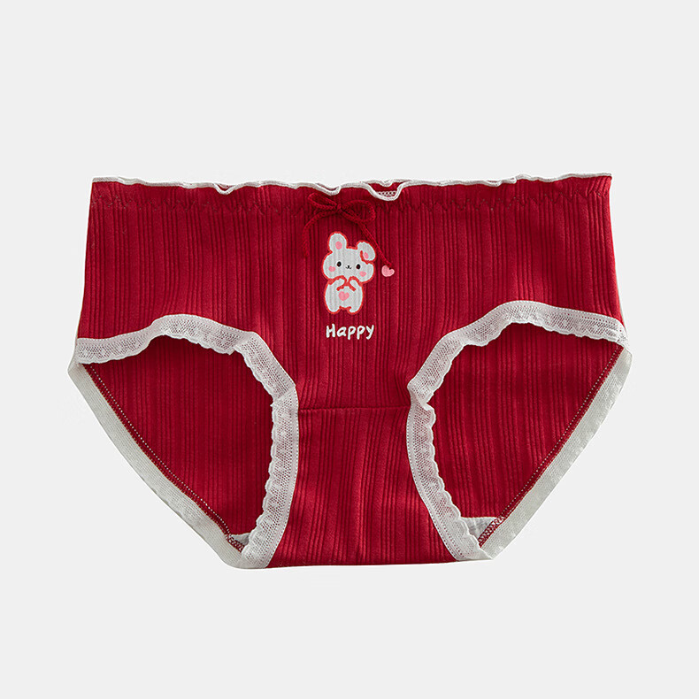 caramella纯棉内裤女透气三角裤甜美清新女士短裤少女大童内裤 红色蕾丝卡通款混色 3条 均码 (适合85-120斤)