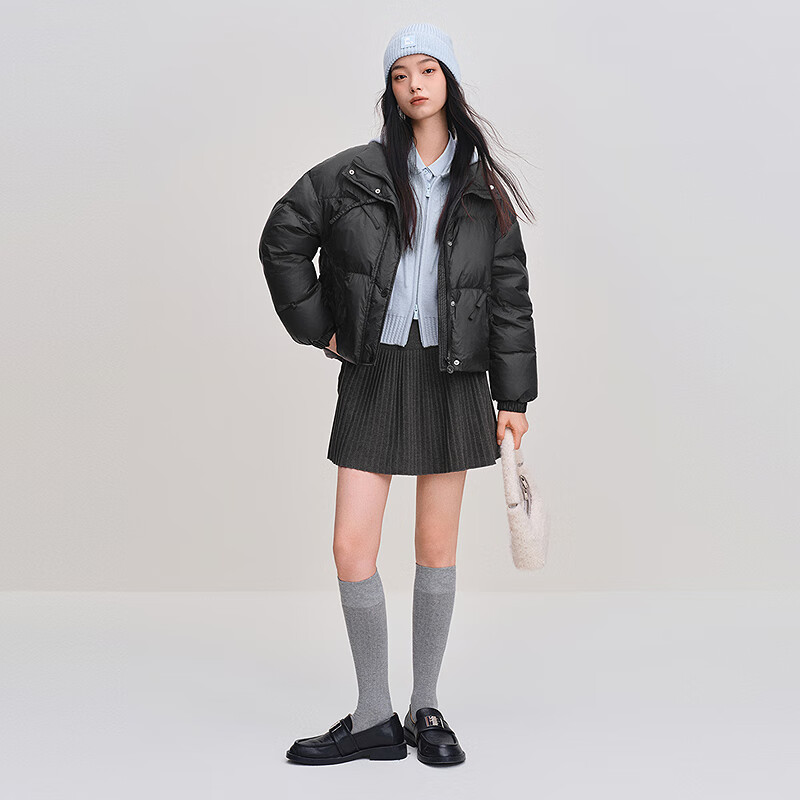 乐町【火山岩】乐町经典面包羽绒服2025年冬季新款短款蝴蝶结保暖外套 乌黑(现货) XS