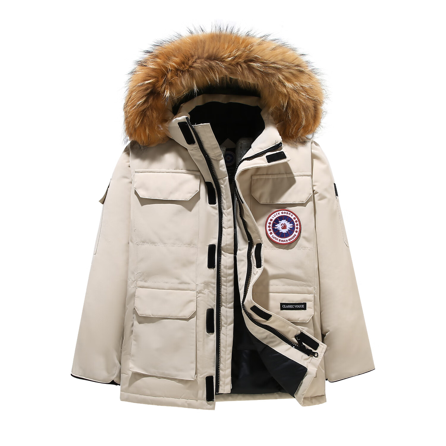 LUCK SWAN GODSE加厚羽绒服男中长款派克服男士保暖大衣三防毛领爸爸户外工装外套 米白色-高绒加厚款 加拿大08远征大鹅风格 -男女同款 3XL 【建议体重：160-180斤】