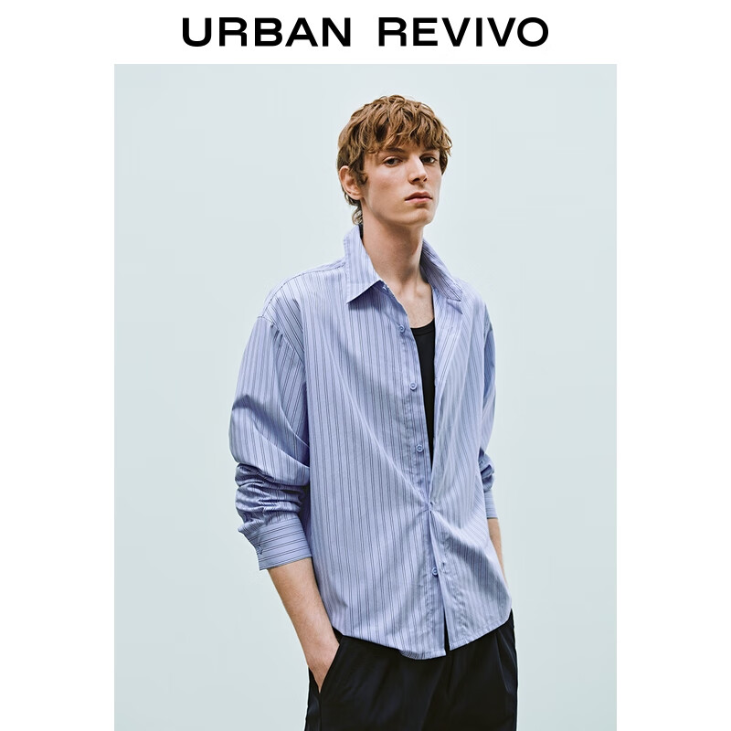 UR2025秋季新款男装休闲条纹超宽松长袖开襟衬衫UMF250089 天蓝条纹 XS S (-S)