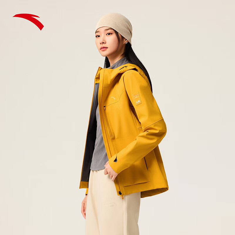 安踏（ANTA）风暴甲 | 无氟安踏膜冲锋衣女秋季新款户外防水登山外套 雨茗黄-3 【前胸防水拉链】 XL (女175)