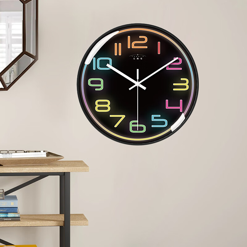 Tazxin儿童卡通霓虹数字挂钟静音创意时尚客厅家用卧室免打孔挂墙石英钟 七彩数字3 14英寸