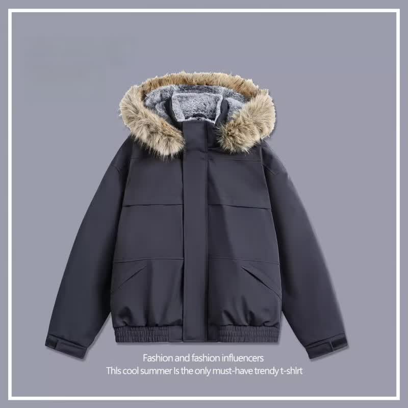 型曼短款雪豹工装派克羽绒服男冬季新款可拆卸帽大毛领保暖羽绒外套男 灰色 M （100-120斤）