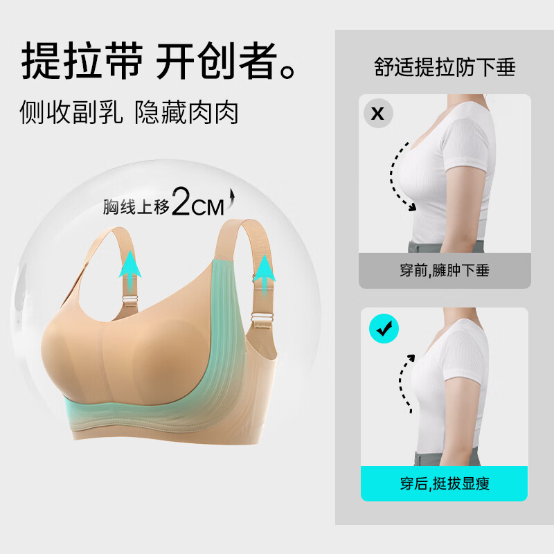 润微大胸显小内衣女士提拉防下垂收副乳超轻薄大码粉底液无痕文胸罩 肤色 M (适合75BCDE)