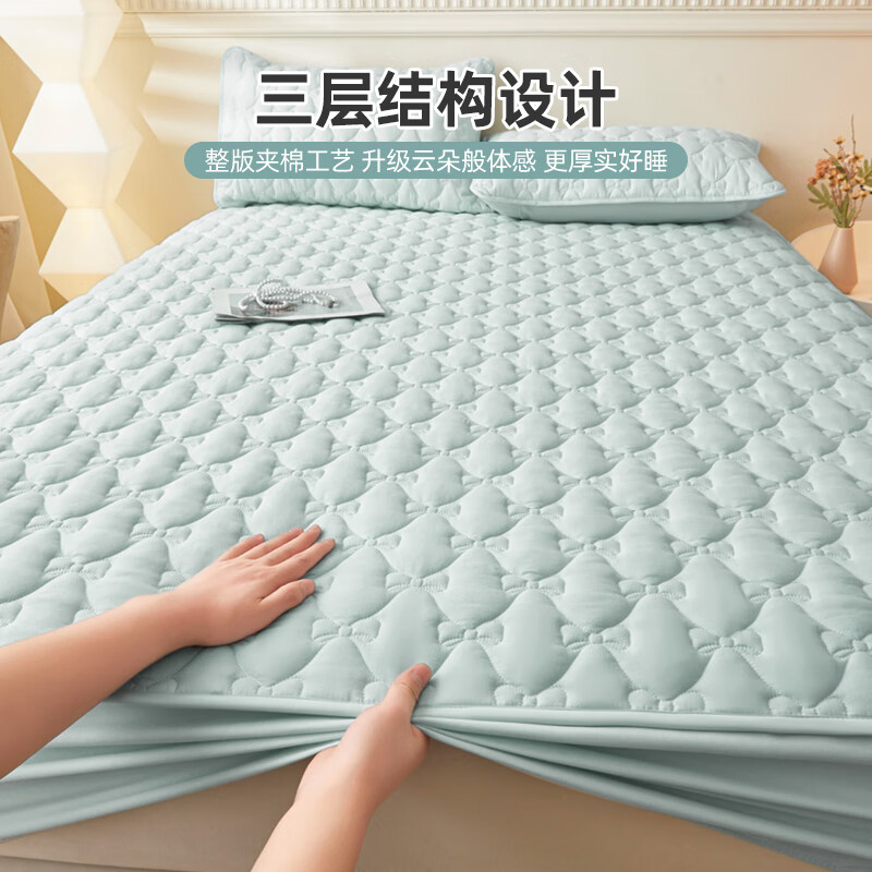 雅鹿加厚夹棉床笠防尘绗缝床罩三件套隔脏床盖床垫保护套床上用品 蝴蝶结床笠-天空蓝【蓬松柔软 四季通用】 180*200cm单床笠+枕套一对
