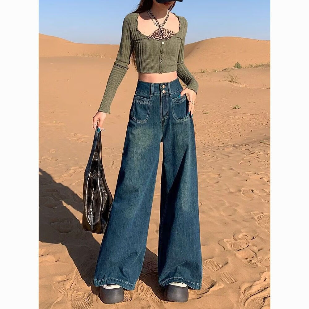 燠阳高腰阔腿牛仔裤女春秋季新款2025宽松显瘦遮胯大裤脚百搭拖地潮裤 2068深蓝色 M 【93-105斤】