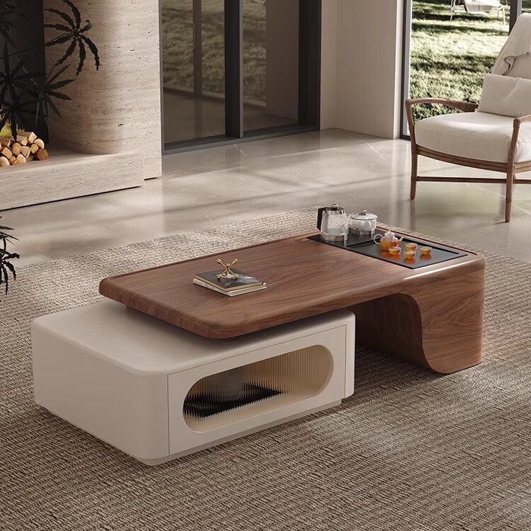 柏维棠茶几客厅轻奢高级感2026新款高端胡桃木色创意现代简约功夫茶台 功夫茶几_+伸缩电视柜组合