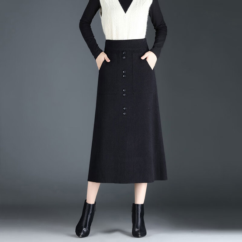 法薇琳针织半身裙女2025秋冬新款高腰显瘦a字裙休闲款百搭中长款毛线