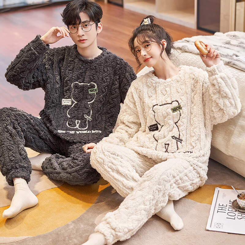 DAPHNE达芙妮【A】冬季情侣睡衣法兰绒加厚珊瑚绒舒适长袖套头男女孕妇家居服 541-542 男款：XXXL(150-170斤)