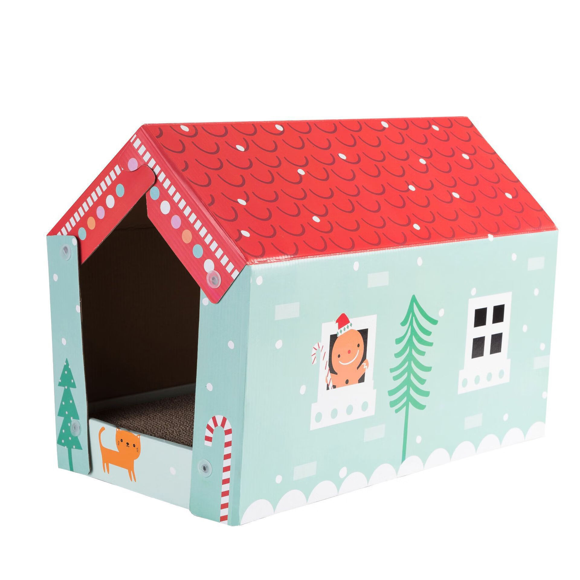 新款直销瓦楞纸猫抓板批发圣诞折叠猫房子耐磨猫窝猫咪玩具新款 浅