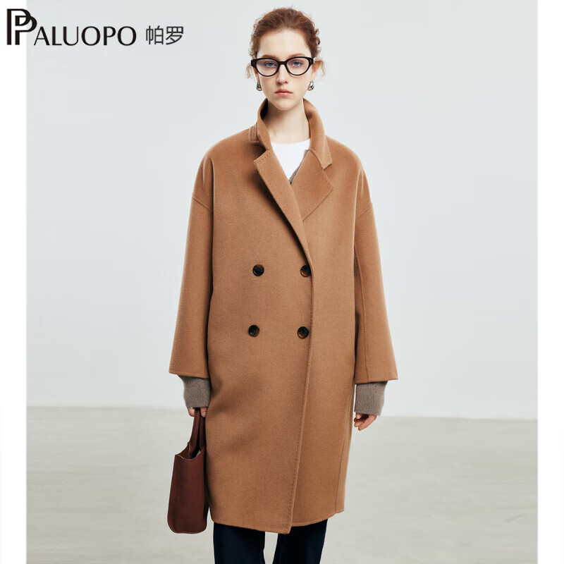 帕罗（PALUOPO）经典美拉德双面羊毛大衣女双排扣落肩袖阔版秋冬毛呢外套ET2F2668 中咖 S 155/80A