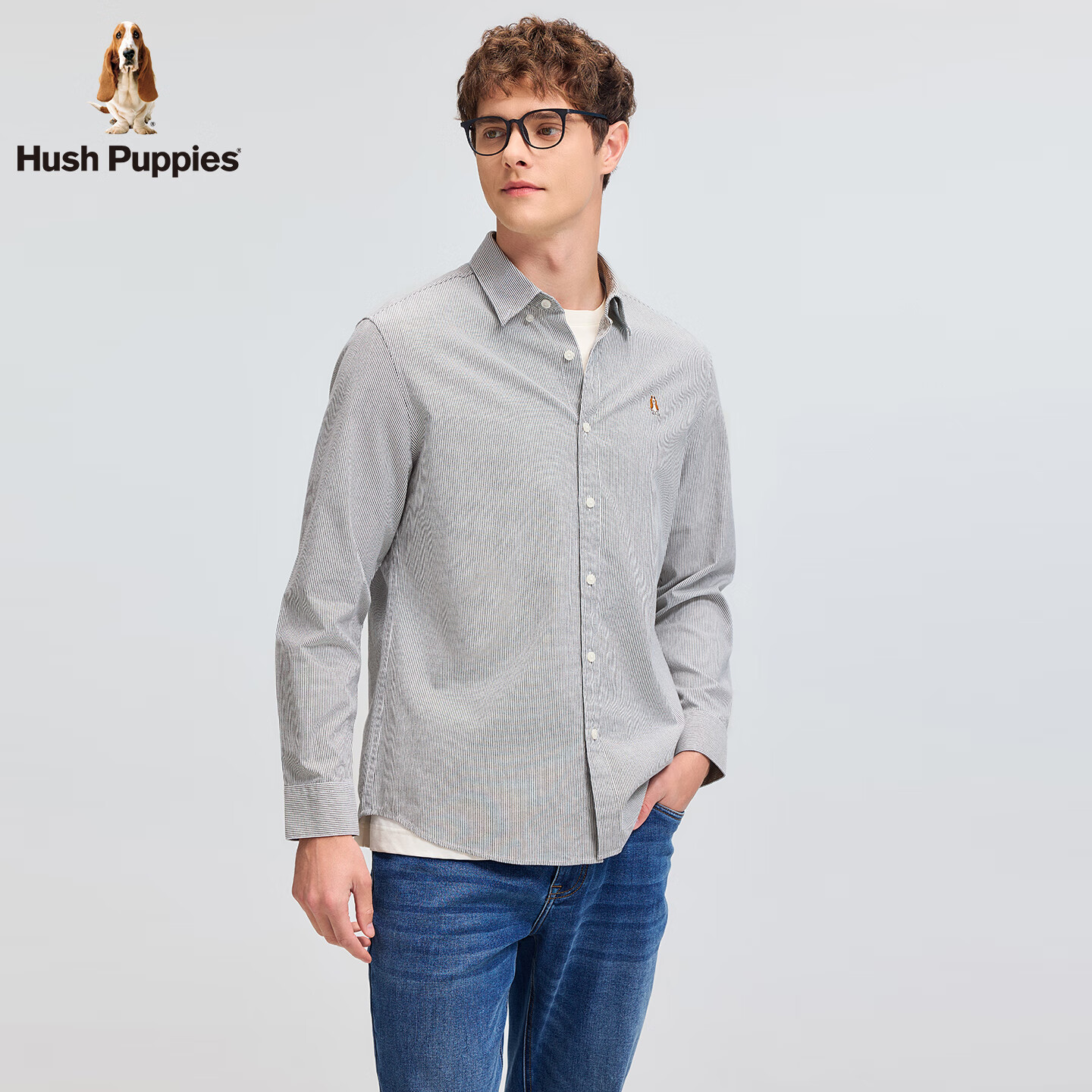 暇步士(Hush Puppies)【经典全棉】男装2025秋季简约基础款全棉细条纹长袖衬衫 墨蓝色 L