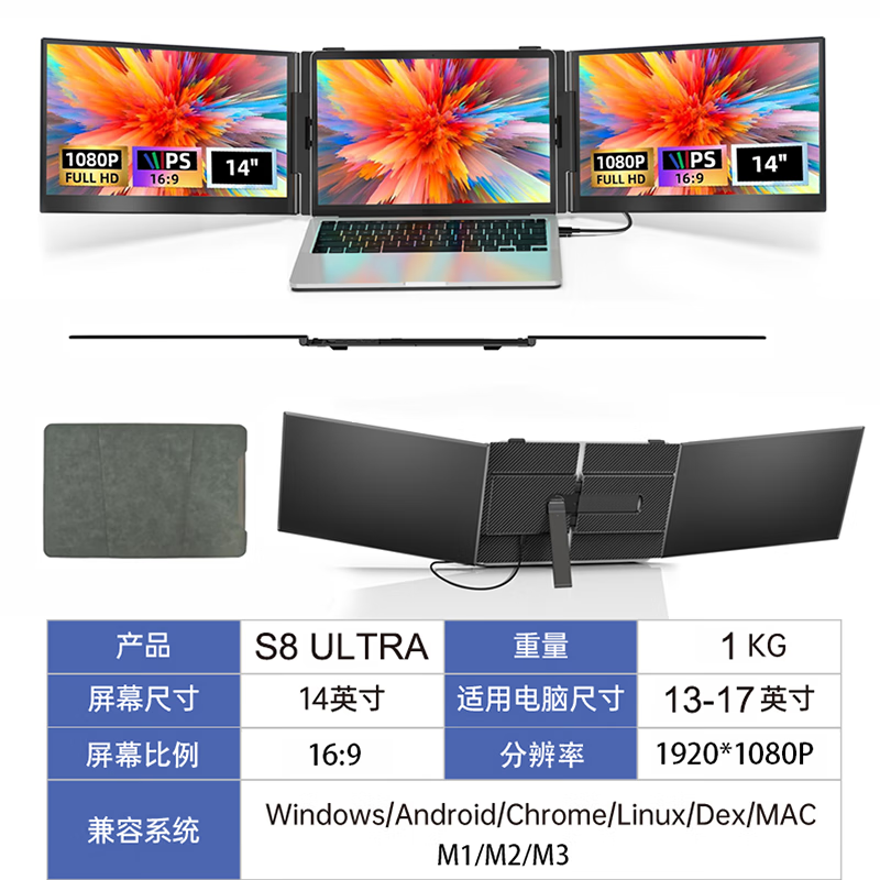 杰佳双屏便携显示器笔记本扩展屏炒股电脑副屏轻薄分屏显示器一线多屏显示器 S2升级/一线双屏/超轻薄/兼容多系统/老电脑可用