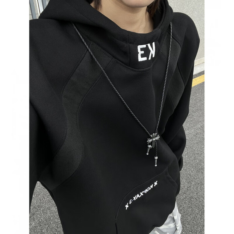 POUM白花灰高领连帽卫衣男士秋冬美式拼接刺绣外套休闲宽松情侣帽衫 BCYMG-Y41藏青色 M