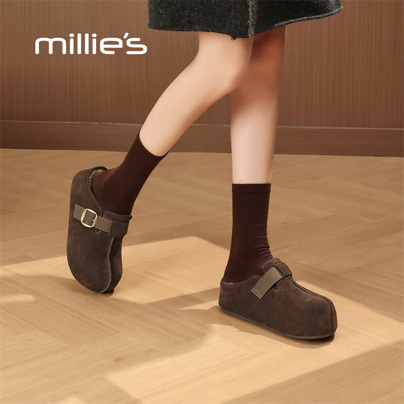 妙丽勃肯鞋女厚底复古加绒时尚保暖潮流2025冬季新款包头半拖鞋 咖色 37 (235mm) 标准码