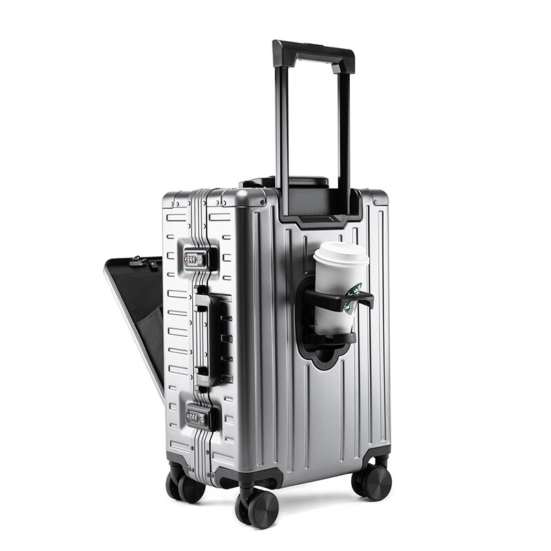 Walker Shop行李箱全铝镁合金旅行箱前开盖商务登机箱男女铝框万向轮拉杆箱子 黑色 20英寸