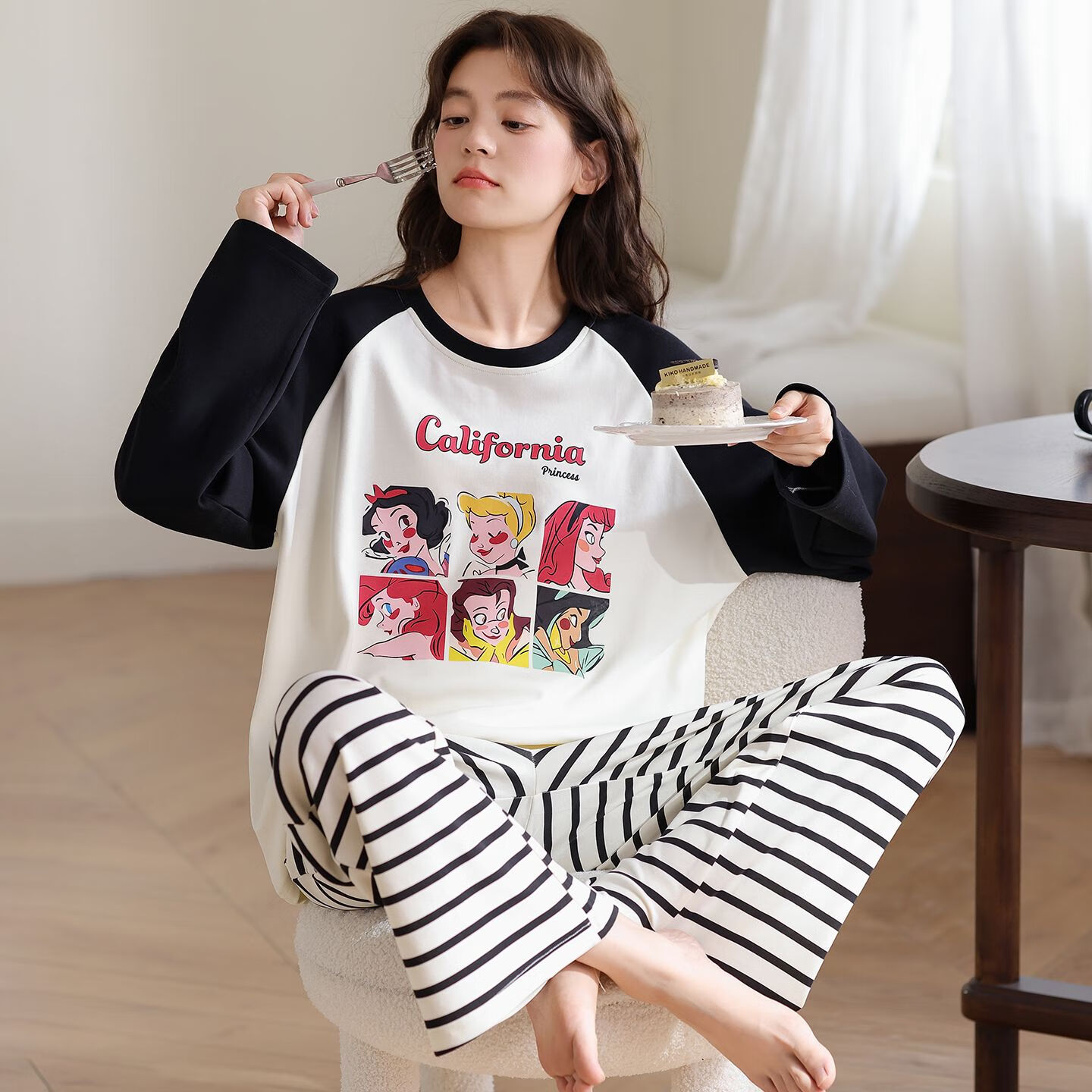 静鹿睡衣女长袖家居服舒适棉长裤睡衣套装 88859 2XL 推荐140-160斤