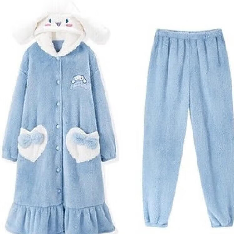 诗莉奥（SHILIAO）2025年新款珊瑚绒睡衣女秋冬季唐老鸭加厚加绒可爱连帽睡袍家居服 玉桂狗套装【睡袍+裤子】 均码 【90-140斤】