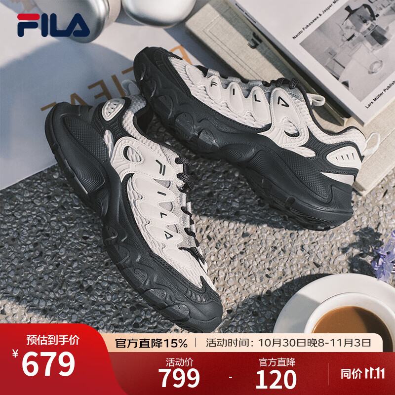 FILA斐乐女鞋运动鞋复古老爹鞋2025秋季新款厚底百搭蘑菇鞋舒适休闲鞋 白中白/影黑灰-BD 37.5
