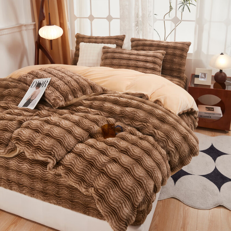 元族2025新款加厚兔毛绒纯色四件套套件系列 波纹-云雾棕 床单款 150*200cm单被套