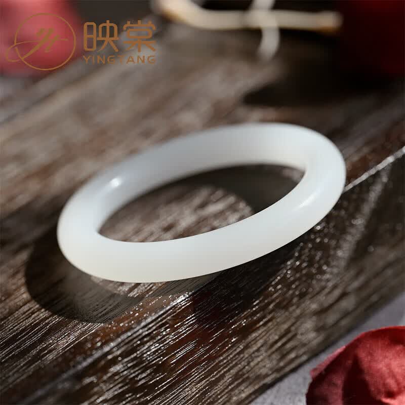 山头林村白玉手镯女羊脂白圆条金丝玉镯子 复古新款奶白色玉镯闺蜜