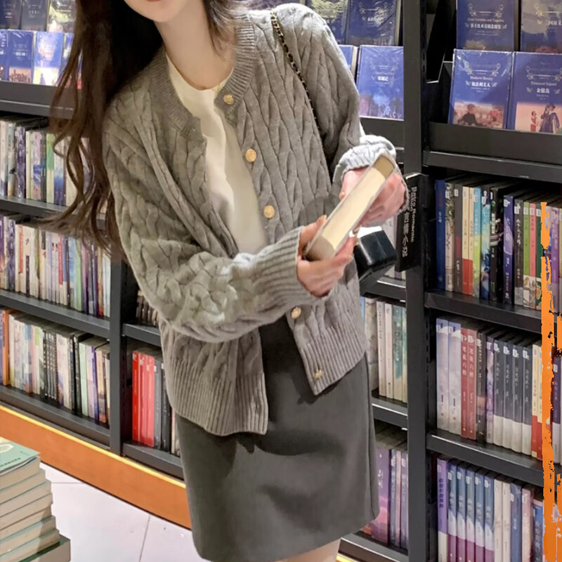 翊尚美针织衫女2025年秋季新款小个子开衫宽松慵懒风外套韩系可外穿上衣 灰色 【不缩水抗起球】 均码 【推荐80-140斤】