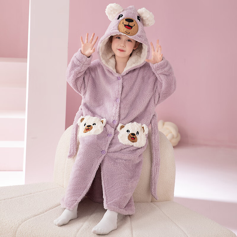 猫人（MiiOW）睡袍儿童秋冬季珊瑚绒浴后加厚男童浴袍小童中大童睡衣家居服 红色（睡袍+裤子） 110 建议身高 101-105