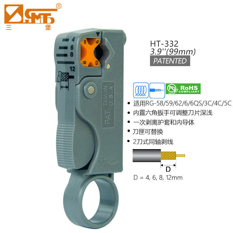 三堡（SMT）三堡剝線(xiàn)器多功能可調整剝線(xiàn)刀網(wǎng)線(xiàn)電話(huà)線(xiàn)同軸電纜線(xiàn)剝線(xiàn)鉗工具 HT-332RG-58596266QS3C4C5C