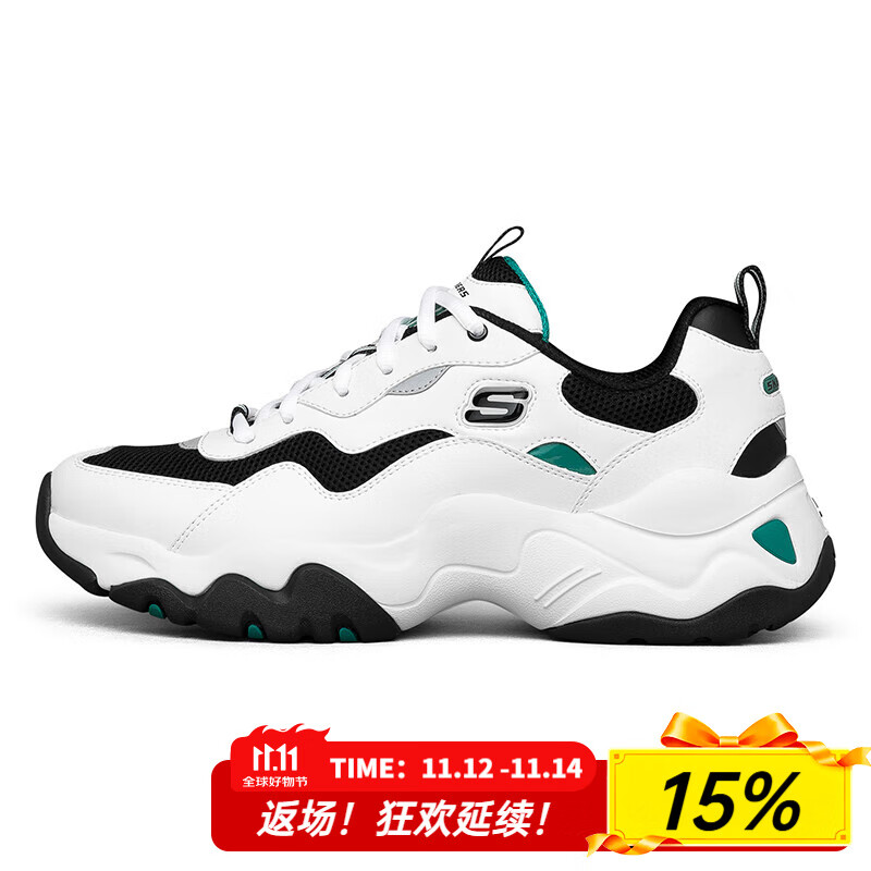 斯凯奇（Skechers）男鞋夏季2025新款熊猫鞋轻便休闲鞋厚底增高老爹鞋网面透气运动鞋 白色/绿色-WGRN 39.