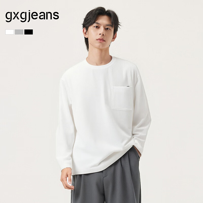 gxg.jeans男装* 多色口袋设计纯棉宽松圆领长袖T恤男 25年秋新品 白色 预售15天内发 L (175)
