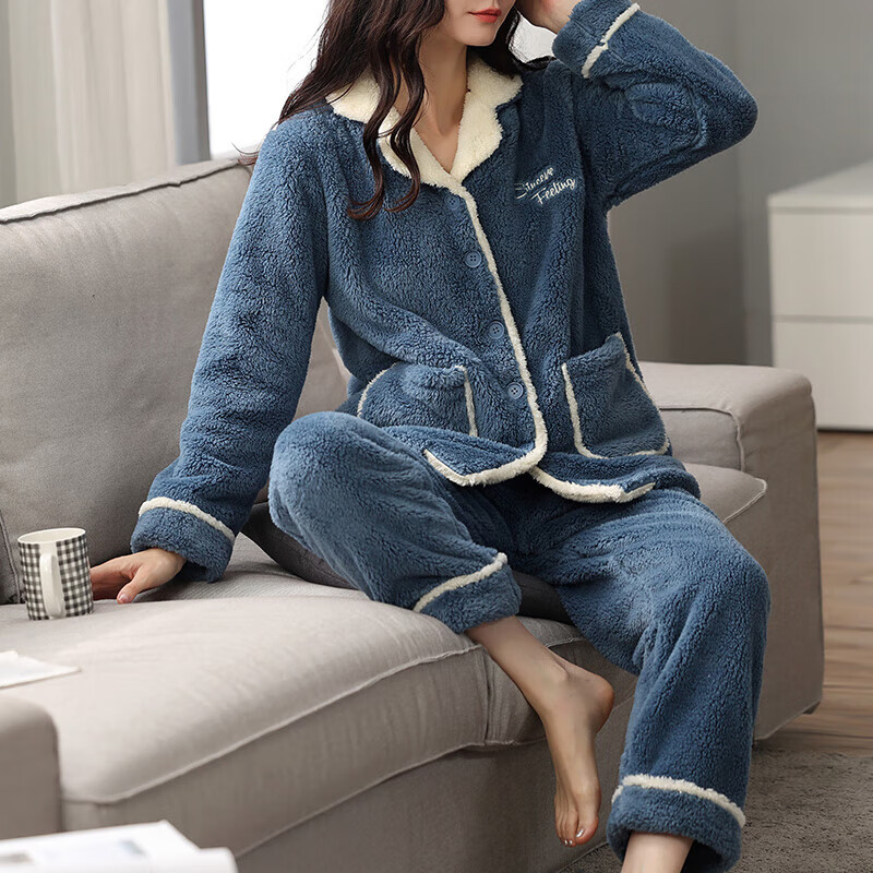欧迪芬(Ordifen)秋冬家居服服女长毛绒可外穿女士家居服套装PH3715Q 蓝色 L (165/95)