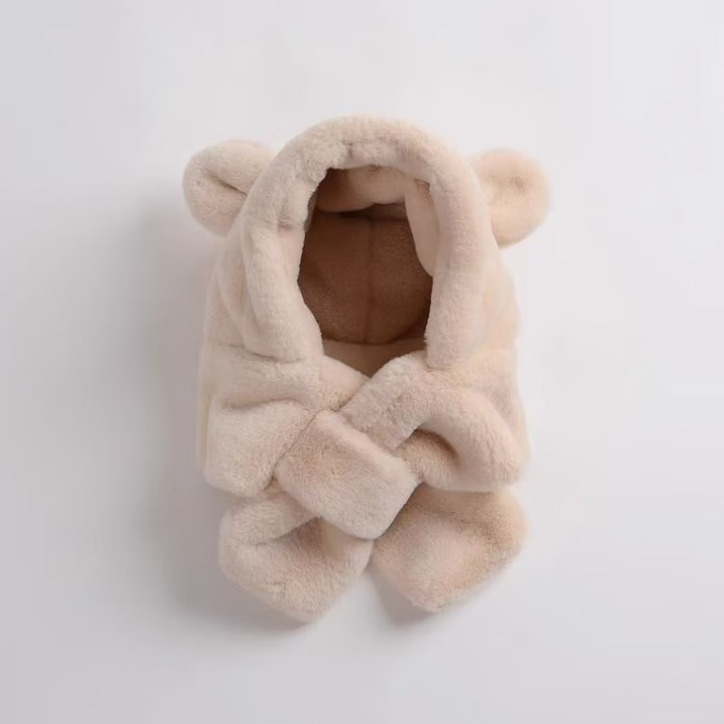 彩虹房子儿童新款秋冬季外出男女宝宝百搭保暖护加绒加厚耳帽合集 小熊一体帽小小号【米色】推荐6-24个月-头围44-48cm