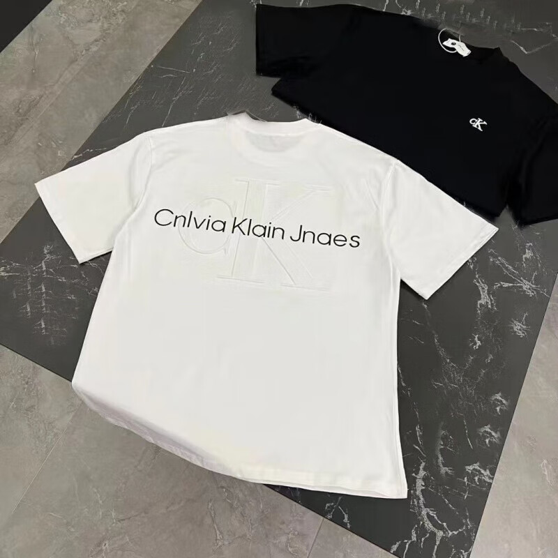 Calvin Klein Jeans新款ck男T恤短袖纯棉情侣短袖T恤浮雕刺绣字母圆领女t恤 黑色 3XL 175-200斤