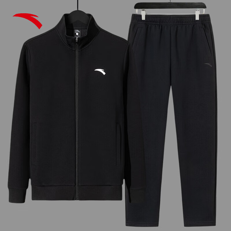 安踏（ANTA）男士立领卫衣开衫运动套装男春季休闲两件套宽松跑步服 立领外套+直口长裤-加绒版基础黑 2XL /185【适合160-180斤】