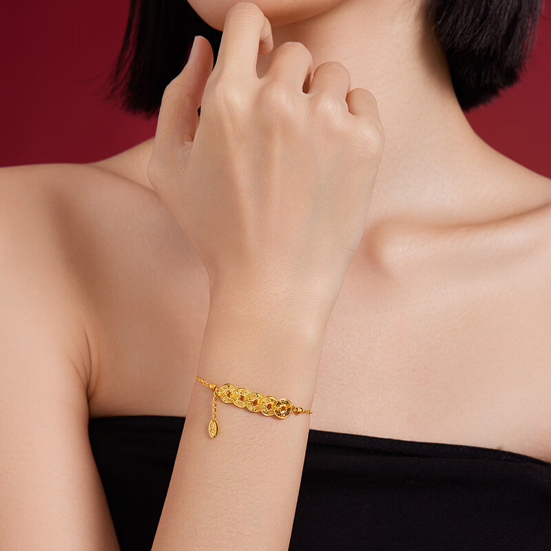 六桂福珠宝S925银五帝钱币手链女黄金色碎碎冰手饰送女友生日礼物 链长17cm+3cm尾链