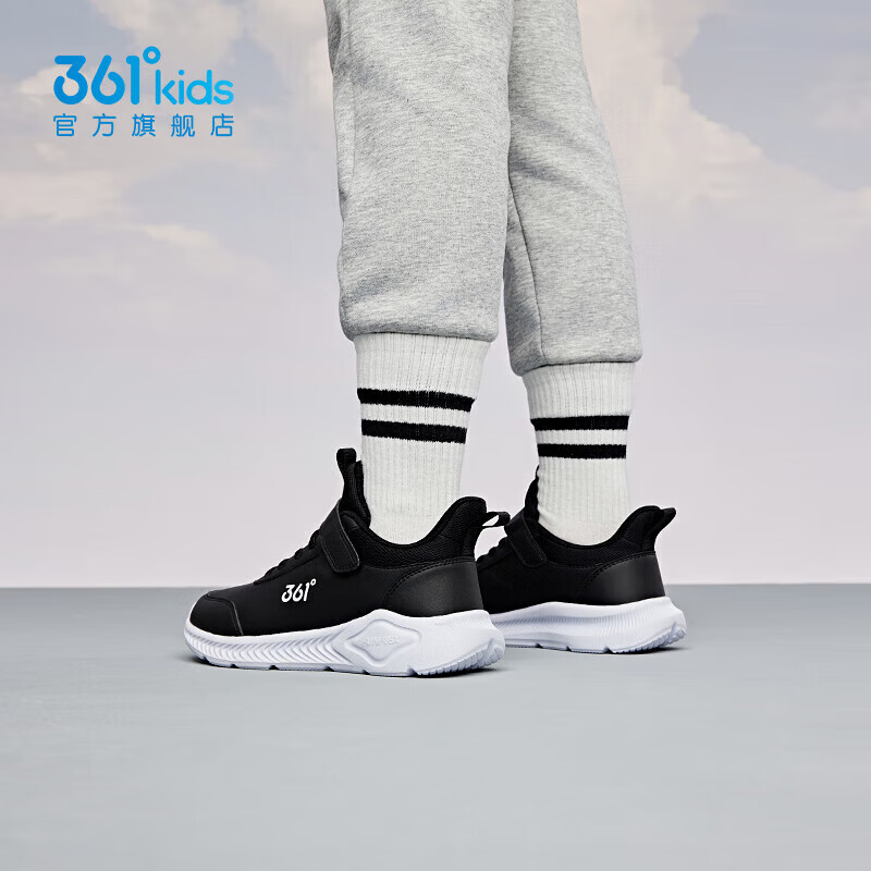 361°儿童运动鞋男童跑鞋秋冬密网轻便魔术贴女童皮革加绒保暖运动鞋 【皮革】碳黑/361度白 35