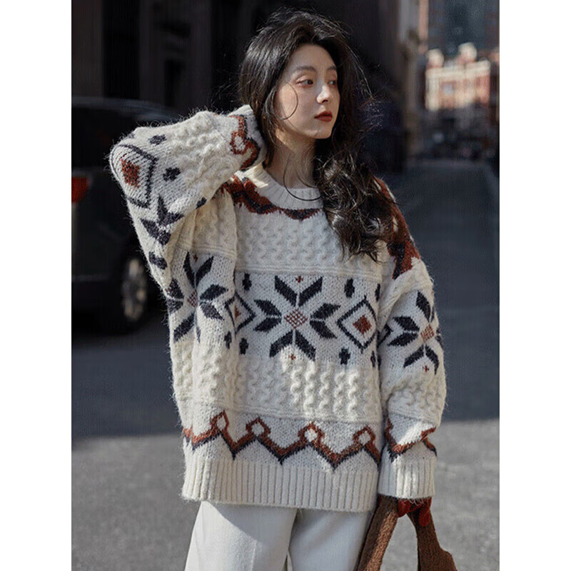 妙恋多毛衣女外穿冬季加厚宽松圆领套头针织衫温柔费尔岛小众设计感上衣 米白色 【针织毛衣】 均码 【建议90-140斤】