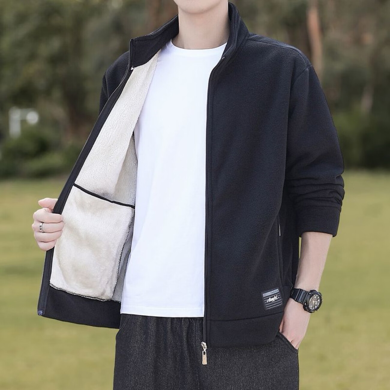 罗鸣老人  男士加绒摇粒绒外套秋冬季休闲百搭立领夹克加厚开衫卫衣男款 黑色加绒款 XL （建议140-160斤）