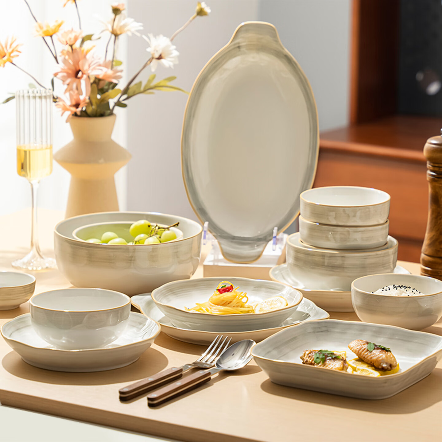 mornenjoy釉下彩碗盘碟套装家用2026新款高颜值餐具简约陶瓷饭碗筷乔迁碗具 【爆款推荐】月如烟10人食（礼盒装） 58头