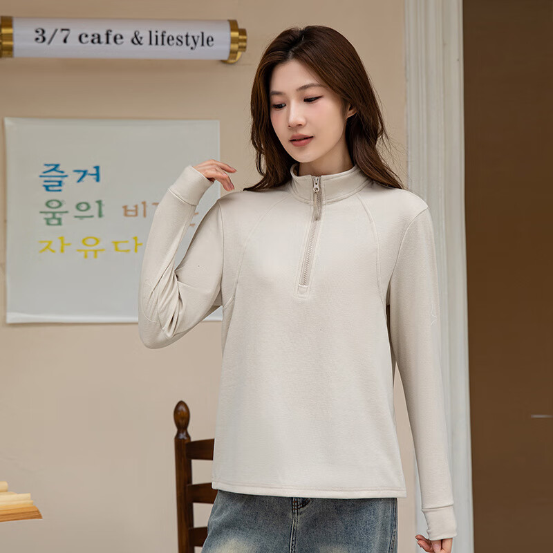 CronetKcnsy秋冬情侣男女同款半拉链立领德绒打底衫运动休闲百搭卫衣绒衫 燕麦色-女款 L (100-120斤) 京东折扣/优惠券