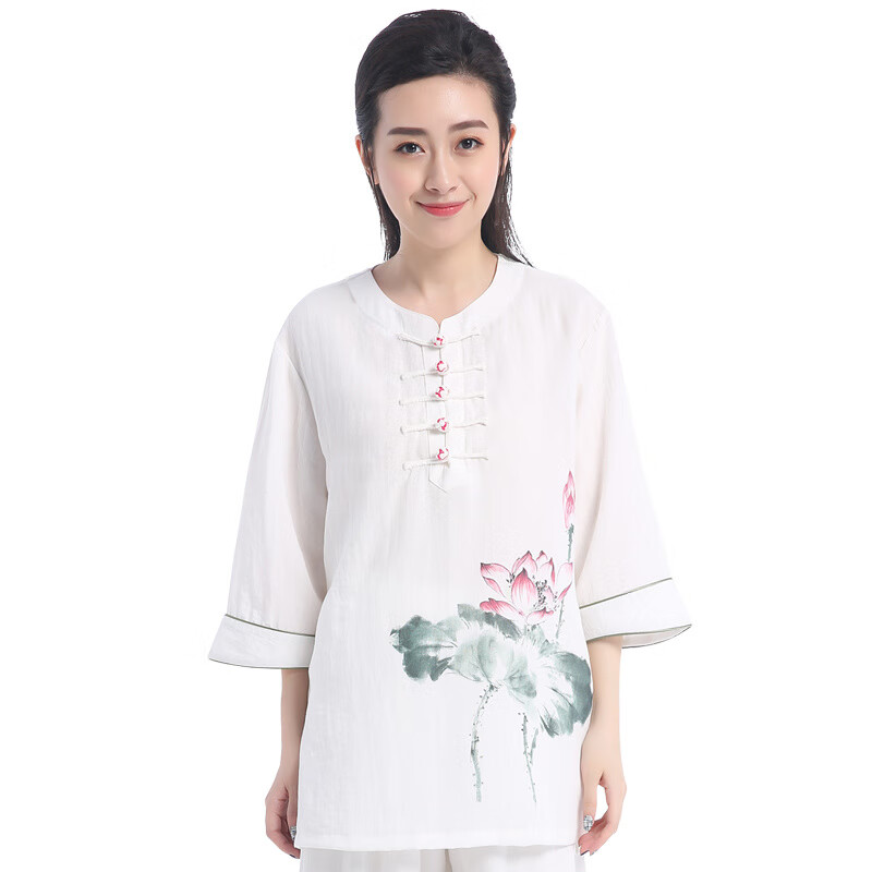 劲武(JIN WU)太极服女短袖棉麻印花七分袖太极拳服装武术服表演服中袖夏季荷花 白色玫红扣_印花款) L