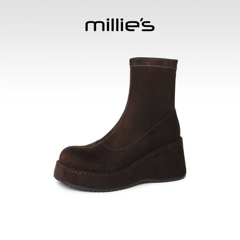 妙丽短靴女厚底轻便圆头休闲潮流短筒弹力2025冬季新款百搭气质时装靴 红咖色 36 (230mm) 标准码
