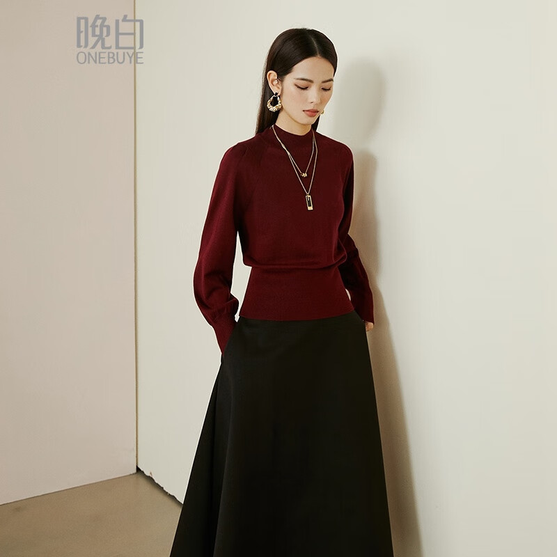 晚白【新品】骐骥红法式慵懒灯笼袖上衣套头针织衫 酒红色 M