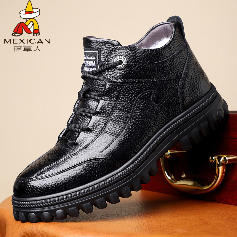 稻草人（MEXICAN）头层牛皮棉鞋男士2025冬季新款真皮羊毛高帮棉皮鞋加绒加厚雪地靴 黑色 38