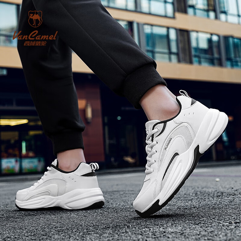 西域骆驼（VANCAMEL）男鞋冬季ACE运动鞋2025新款皮面防水跑步鞋潮厚底休闲老爹鞋子男 【官方正品 质量保证】白色配色 40