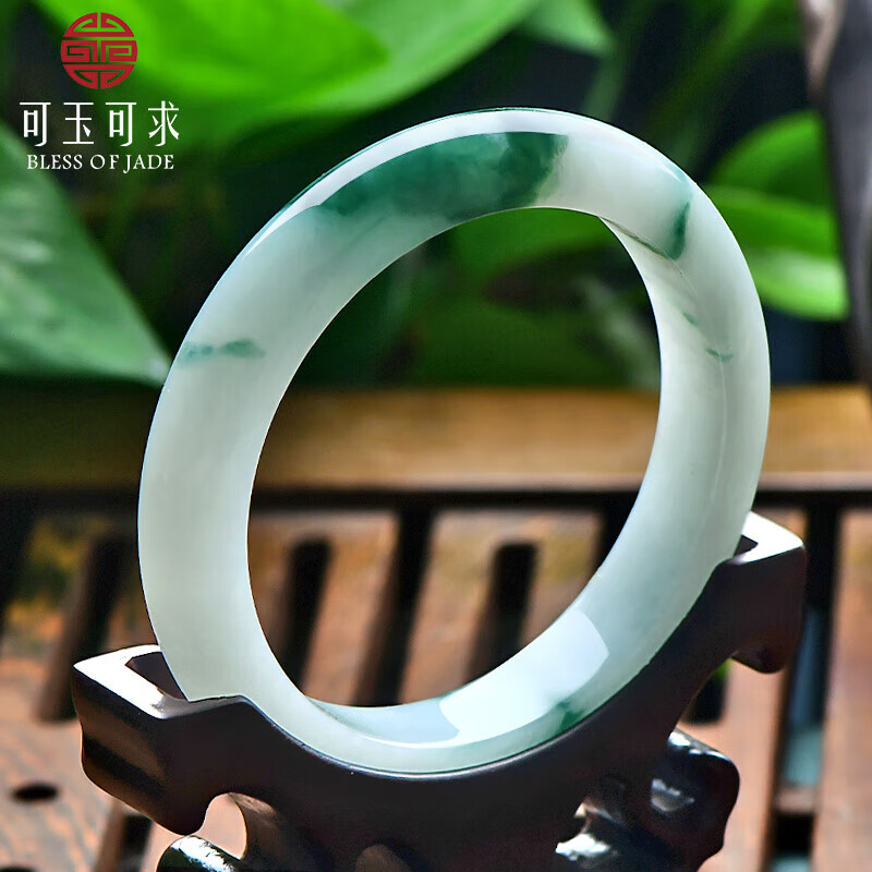 可玉可求七夕礼物孤品糯冰翡翠玉手镯 女飘花玉石镯子 寓意福满平安 【圈口约58毫米】C6765