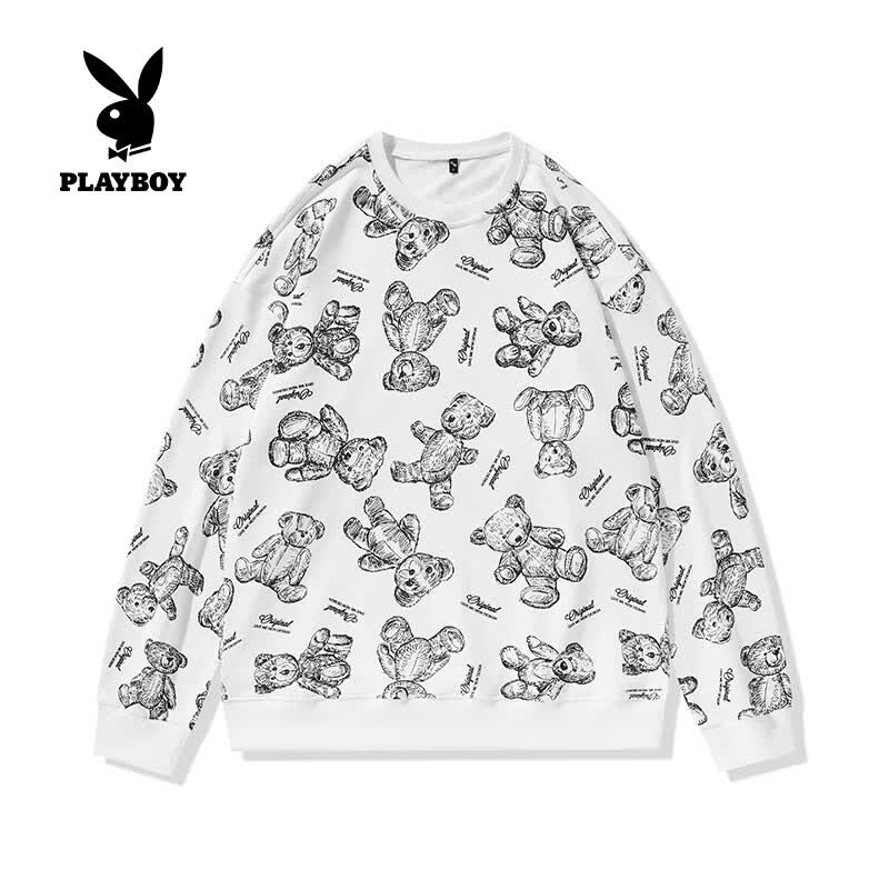 花花公子（PLAYBOY）卫衣男2025秋季新款潮流小熊印花圆领长袖外套男宽松休闲打底衫 白色 S