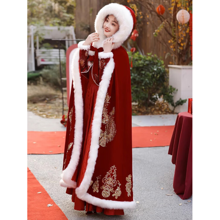 卡辑（KAARJIYY）汉服斗篷女中式国风喜庆冬季加厚保暖新娘结婚红色小个子秀禾披风 红色连帽斗篷加棉 M (160)
