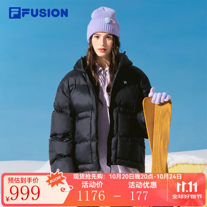 FILA FUSION斐乐潮牌羽绒服女2025冬季新款休闲宽松保暖连帽外套 正黑色-BK M 165/84A/M