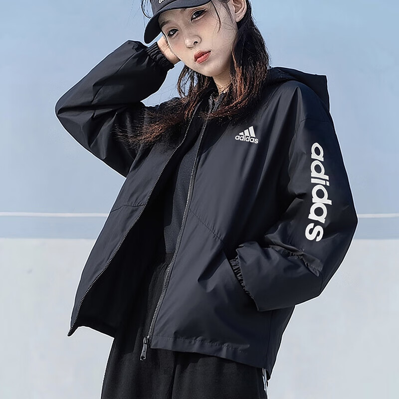阿迪达斯（adidas）外套女装2026春季新款运动服梭织透气连帽休闲上衣防风夹克棒球服 H07842黑色/梭织 L 推荐120-130斤